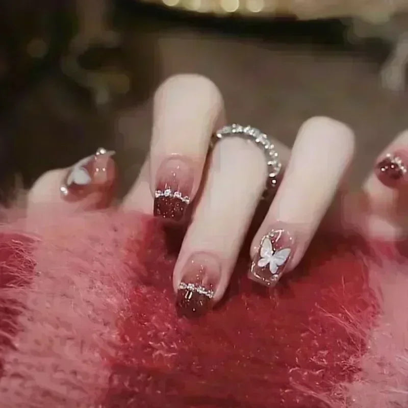 24pcs Cute Girly Short Square False Nails Sweet White French Nail Glitter Star Rhinestones Nail Art Cat Eye Bow Press On Nails