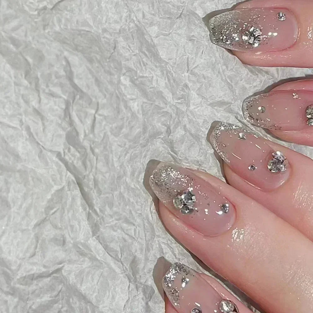 24pcs Cute Girly Short Square False Nails Sweet White French Nail Glitter Star Rhinestones Nail Art Cat Eye Bow Press On Nails