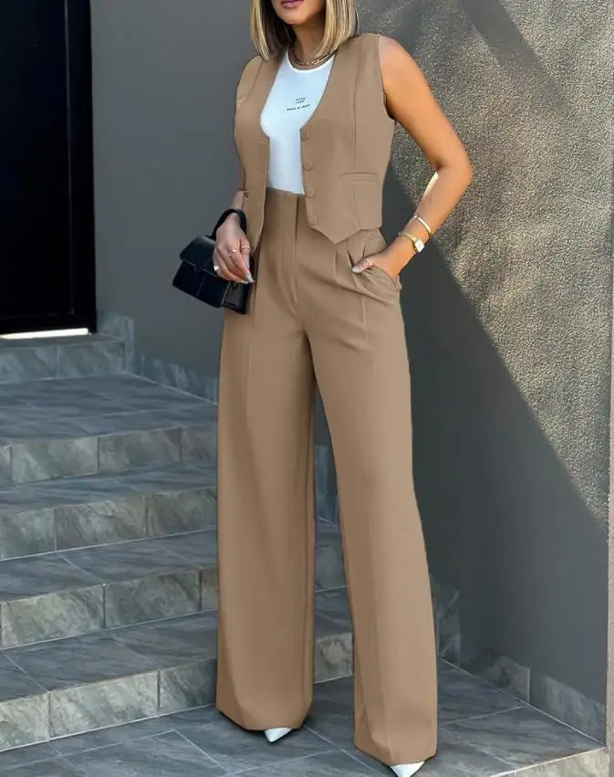 Women's Casual Waistcoat Wide Leg Pants Suit Elegant Sleeveless Vest Trousers 2 Pieces Set Solid Color Commuter Lady  Pants Set