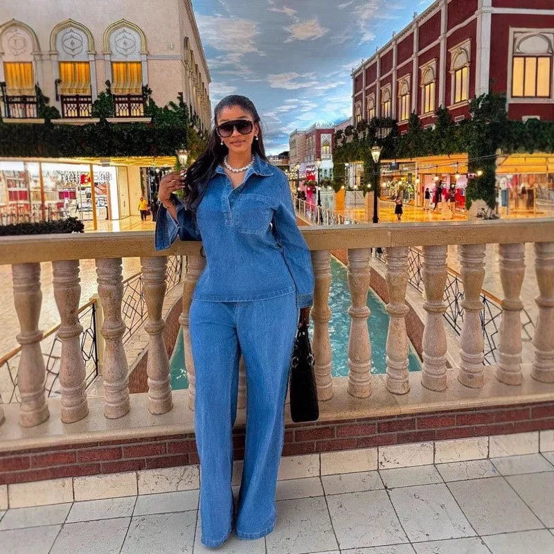 Denim Two-Piece Set (Shirt + Wide-Leg Pants) | Inspired by Hande Erçel
