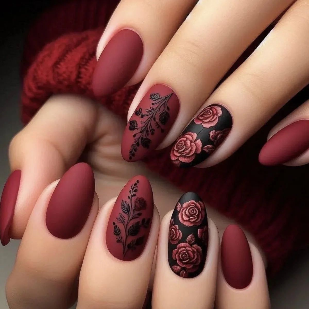 24Pcs Almond Press on Fake Nails Wearable Red Purple Blusher Halo Design False Nails Acrylic Full Over Simple Fashion Nail Tips