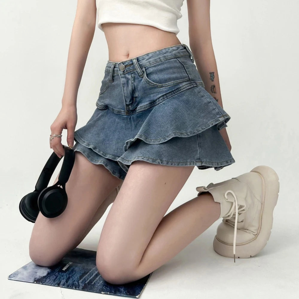 Denim Ruffle Mini Skirt | Meri