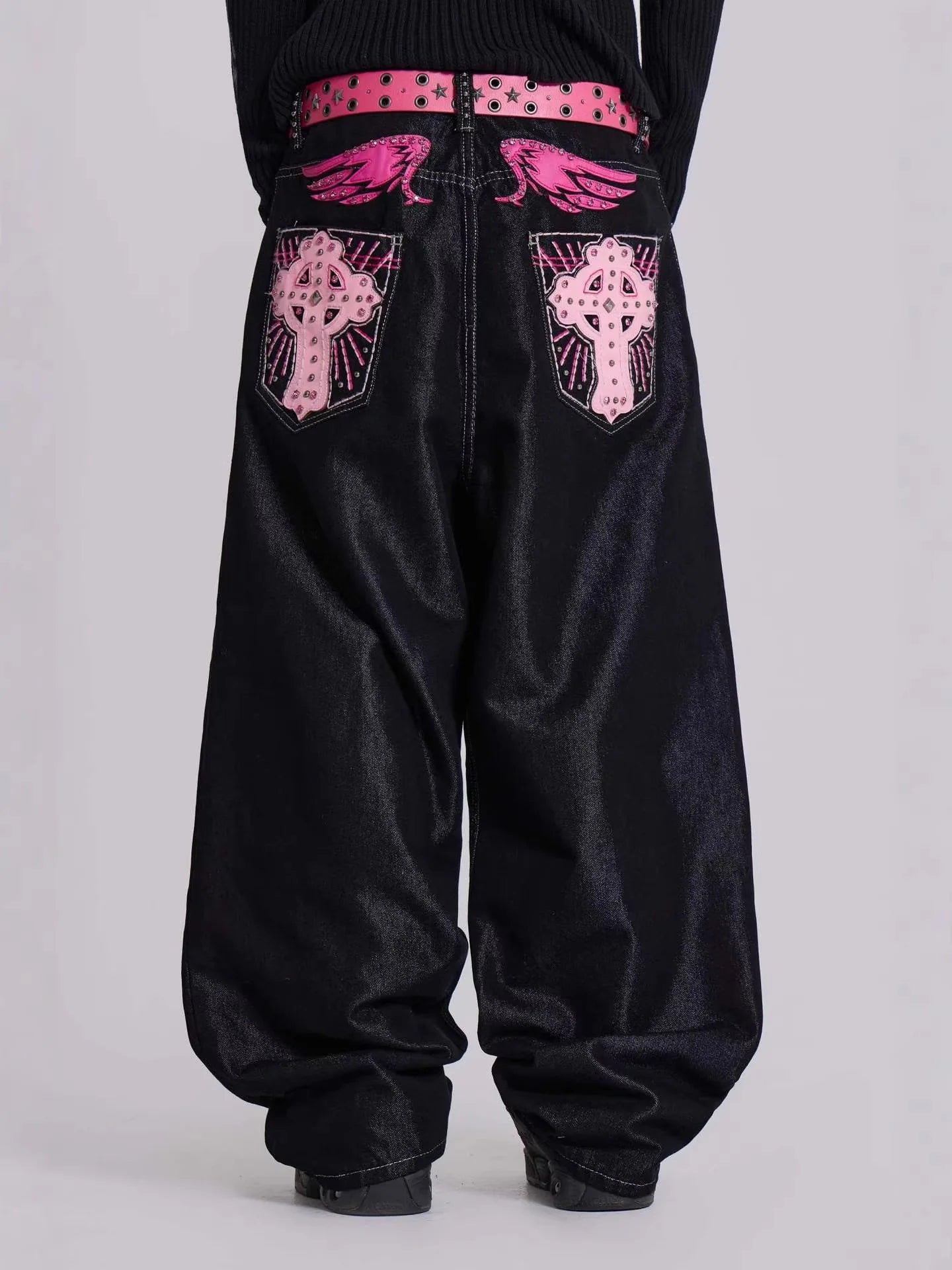 Gothic Cross Rhinestone Wide Leg Jeans Unisex Black Denim Pants Pink Wing Embroidery Oversized Streetwear Y2K Trousers
