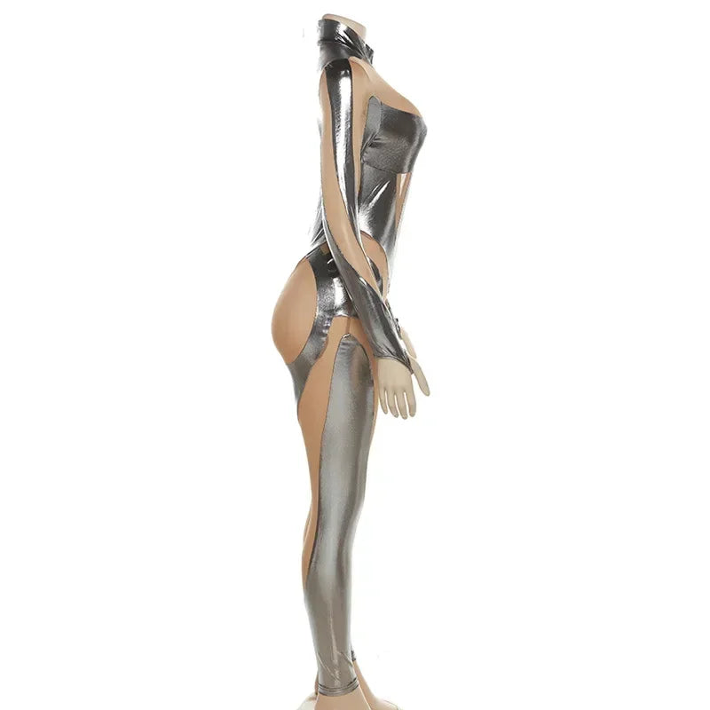 Cosplay Disfraz Halloween 2024 Women Game Movie Tight Jumpsuit Alien Robot Mesh Hollow Silver Strip Bodysuit Costumes Carnival