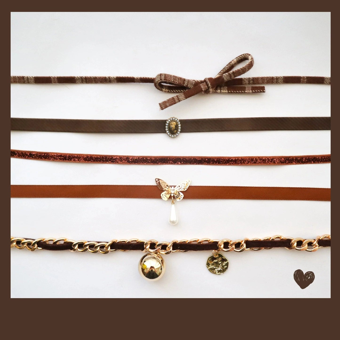 New Vintage Butterfly Bowknot Flower Love Heart Pendant Brown Choker Necklace Jewelry For Women Trendy Neck Charm Accessories