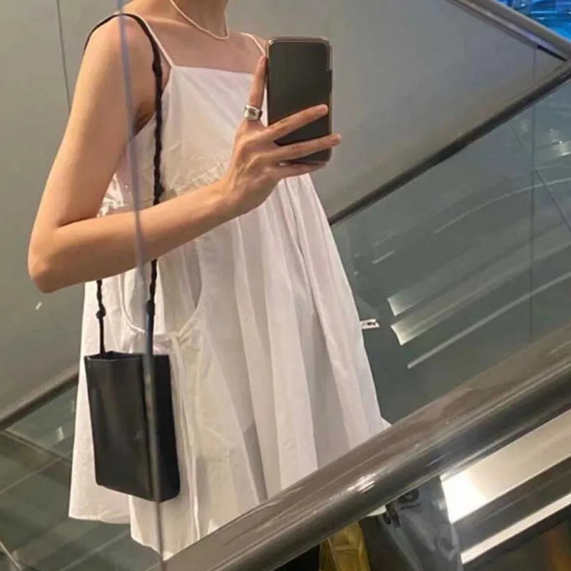 Matakawa Spring Summer Women Dresses Solid Pockets Korean Fashion Sweet Vestidos Mujer Vintage Sleeveless  Mini Dress