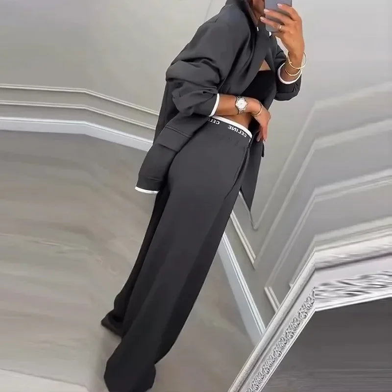 Women's Pants Suit Loose Solid Color Autumn Winter Commuting Long sleeved Lapel Top Wide leg Trousers Two piece Set Clothing