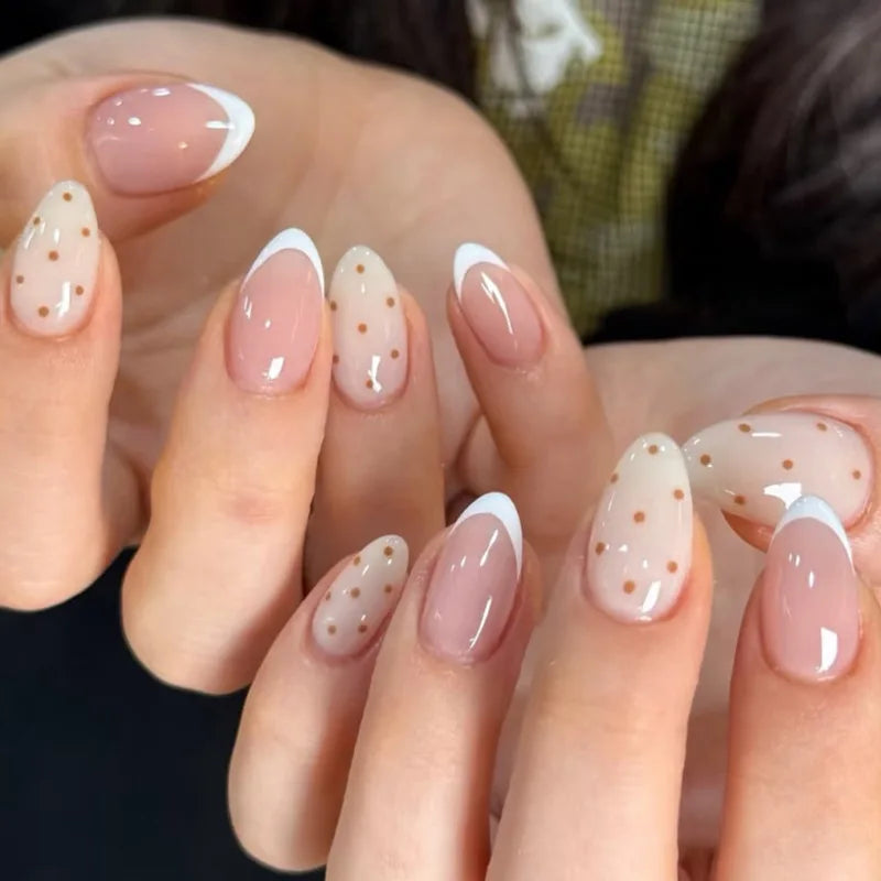 24pcs Sweet Pink Press On Nails Pink Bowknot Design French Almond Fake Nails Glossy Fashion Korean False Nail Patches Manicure