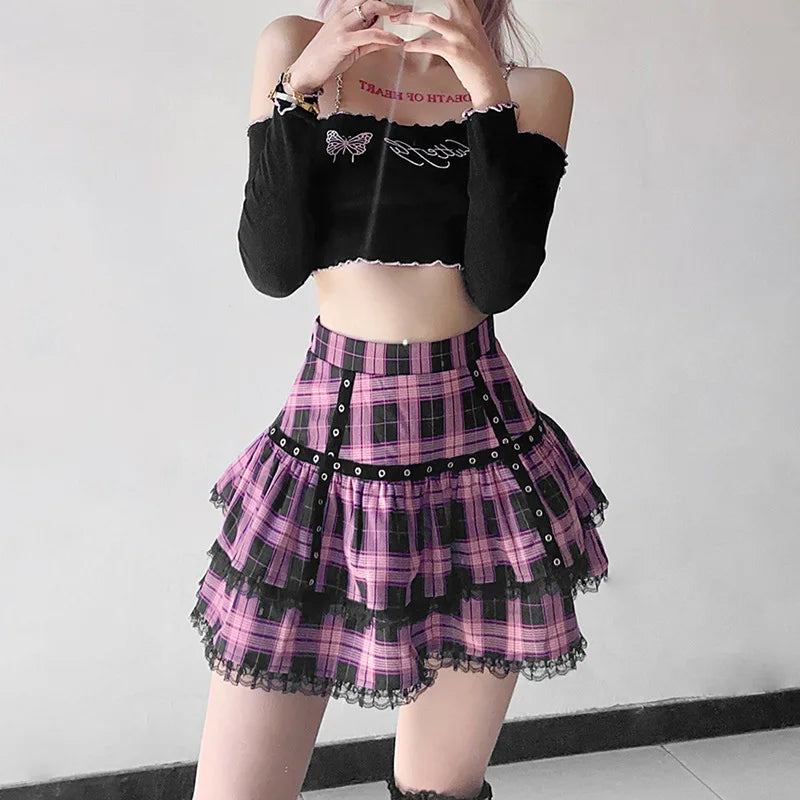 Mall Goth Gothic Lace Ruffle Mini Skirts Womens Harajuku Fairy Grunge Pink Plaid Pleated Skirt Japanese Lolita Streetwear