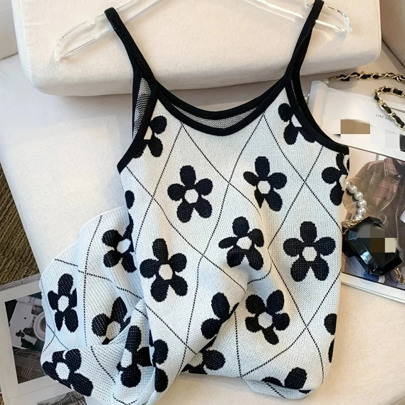 ITOOLIN New Summer Floral Pattern Knitted Cami Dress Sleeveless Mini Dress for Women Vacation Clothing Sundress Fashion New