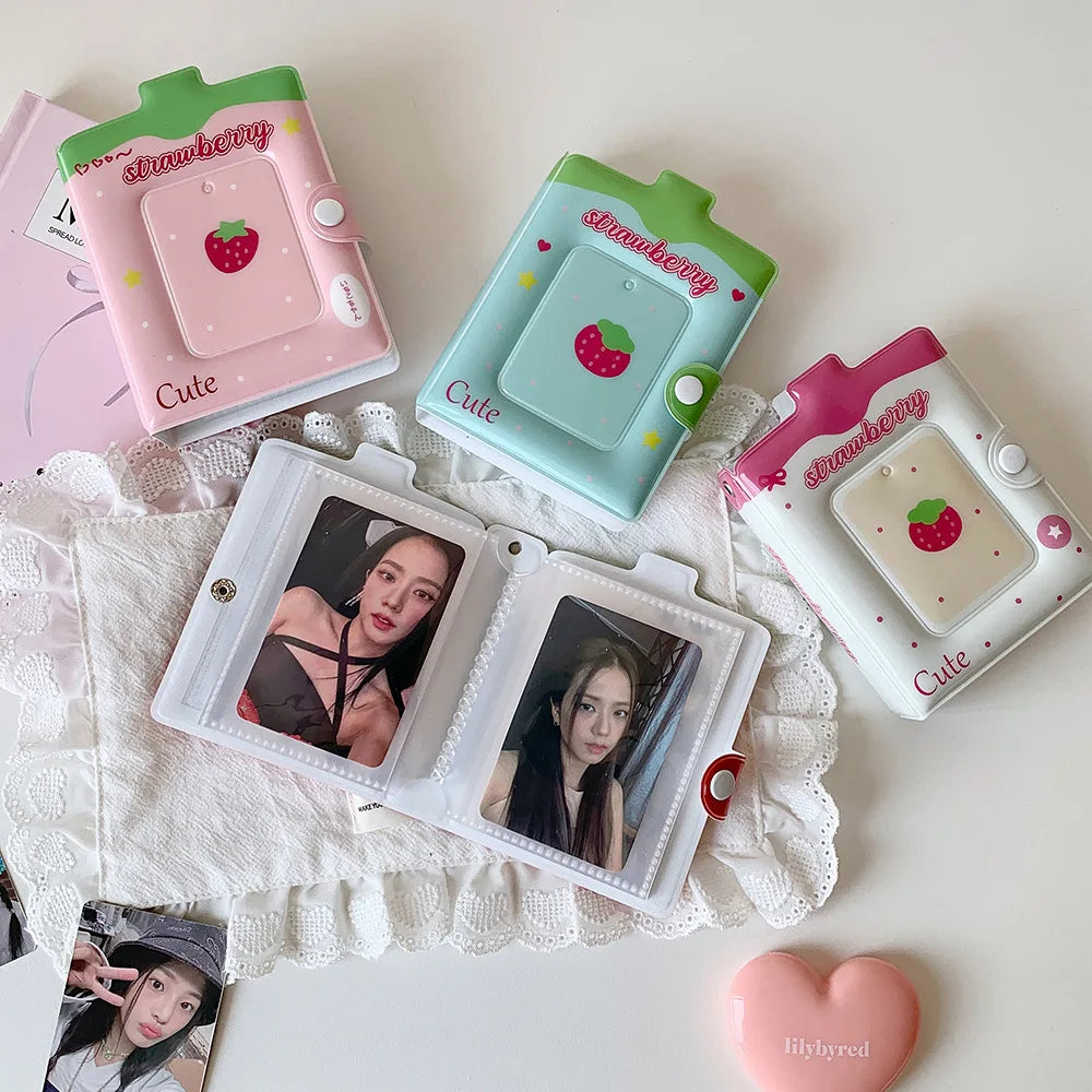 Kawaii Fashion Strawberry Cartoon 3-Inch Card Album Cute Girls Idol Photo Storage Display Card Holder Student Mini Card Bag Gift