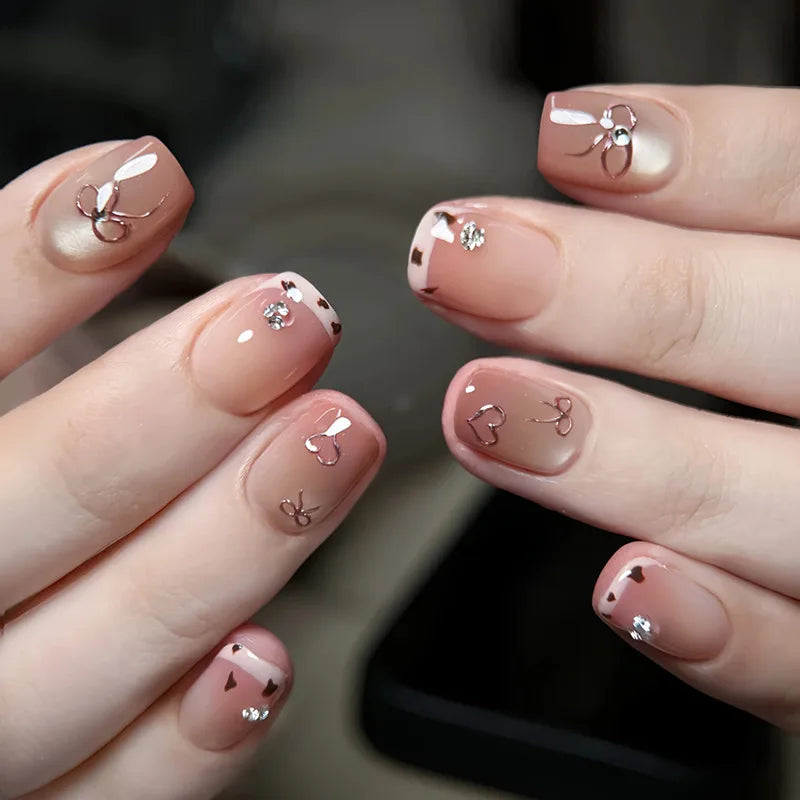 24pcs Cute Girly Short Square False Nails Sweet White French Nail Glitter Star Rhinestones Nail Art Cat Eye Bow Press On Nails