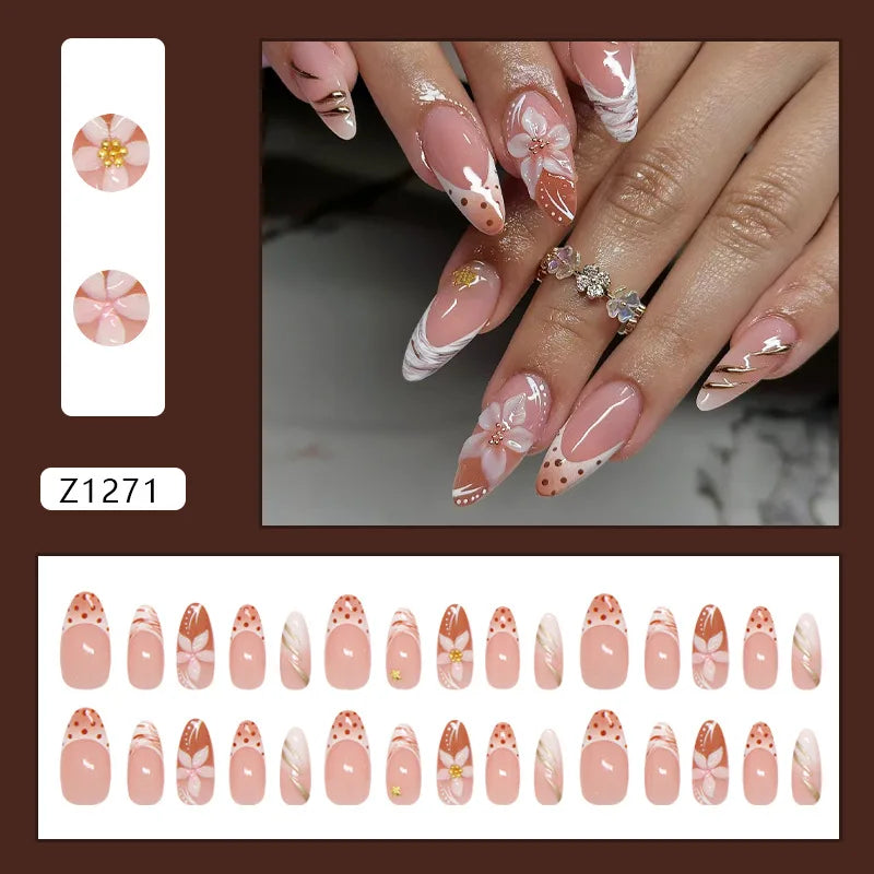 24pcs Sweet Pink Press On Nails Pink Bowknot Design French Almond Fake Nails Glossy Fashion Korean False Nail Patches Manicure