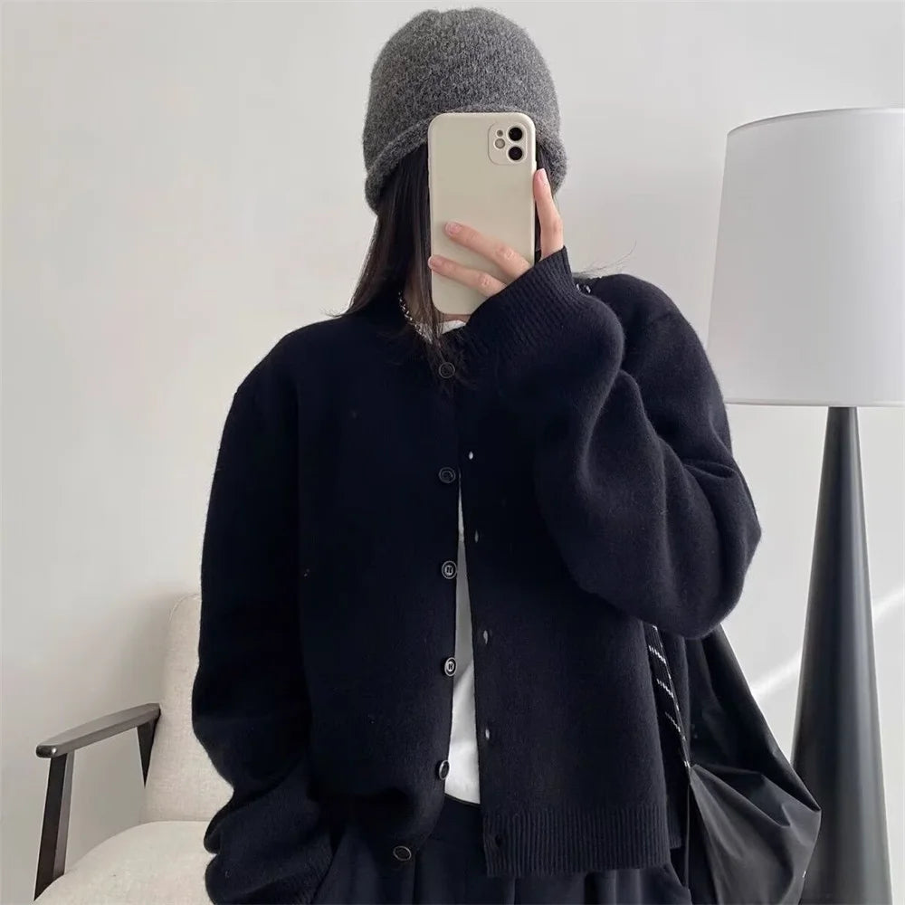 2026 New Women Cardigan Solid Single-breasted Loose Short Round Neck Off Shoulder Female Sweater Soft Autumn Winter Clothes Tops