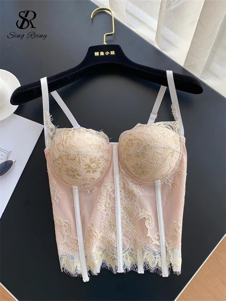 SINGREINY Vintage French Style Sensual Camisole Fashion Outwear Sheath Camis Women Embroidery Retro Sheath Backless Lace Camis