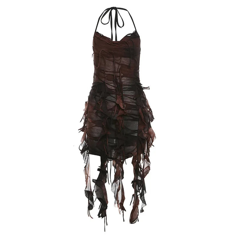 Tie-Dye Halter Tassel Ruched Backless Pleated Mini Dress | Inspired by Beren Saat