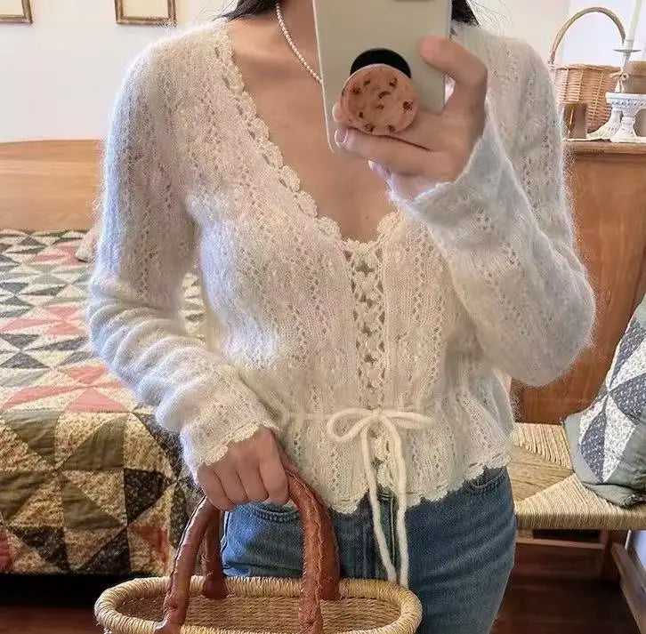Autumn Women's Hollow Knit Cardigan Drawstring Waist Scallop Edge Cropped Sweater Coat Sweet Casual Outwear