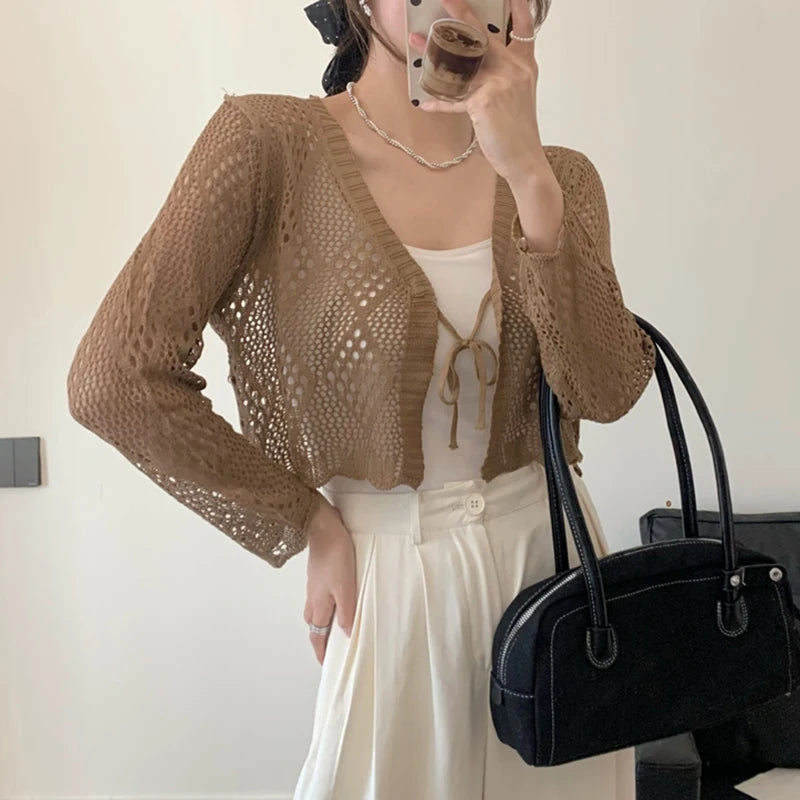 Sheer Pointelle Knit Crop Cardigan with Tie Front Openwork Long Sleeve Short Jacket Top Cover for Women Teen-girl Cute Outfit