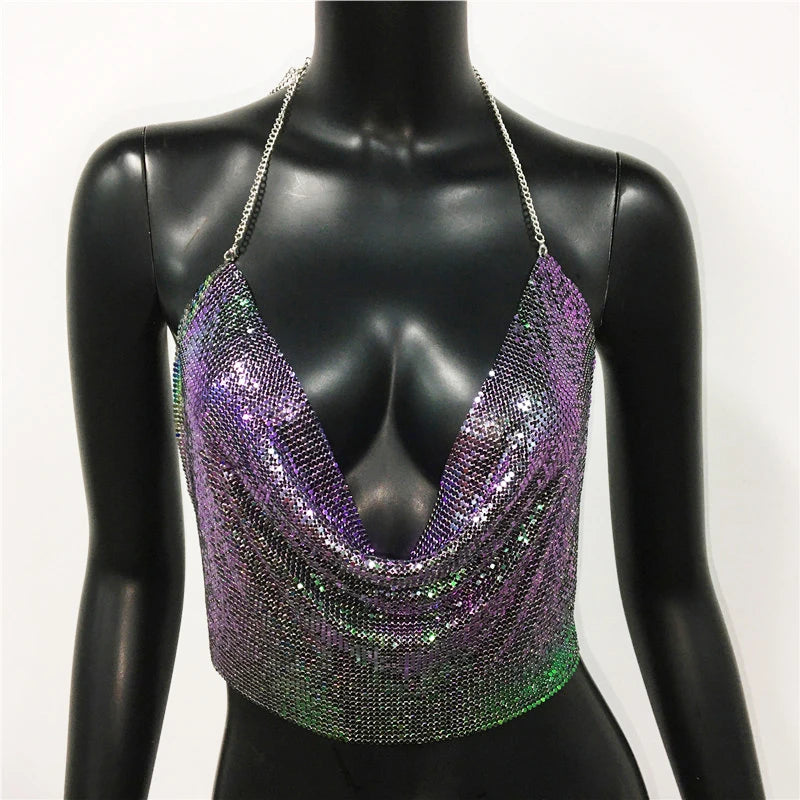 Metal Sequin Chain Hollow-Out Crop Cami Top | Inspired by Ningning