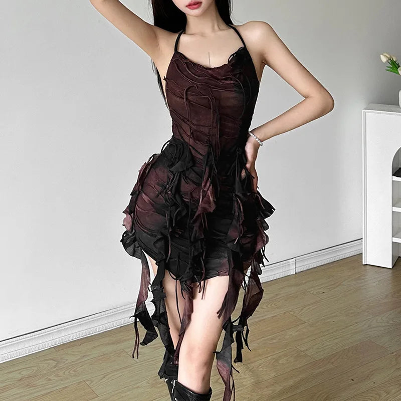Tie-Dye Halter Tassel Ruched Backless Pleated Mini Dress | Inspired by Beren Saat