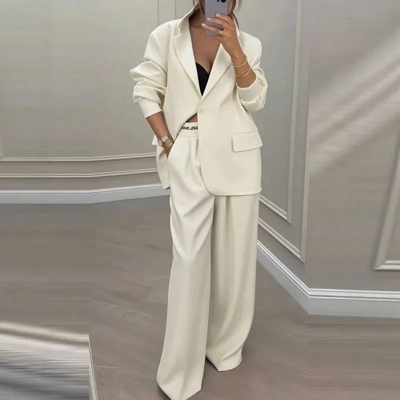 Women's Pants Suit Loose Solid Color Autumn Winter Commuting Long sleeved Lapel Top Wide leg Trousers Two piece Set Clothing