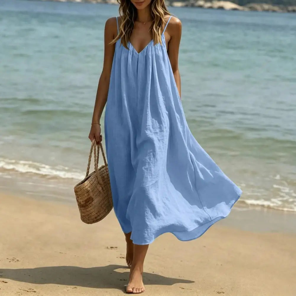 Women's Spaghetti Strap Beach Sundress, Summer Sleeveless V Neck Cami Dress, Loose Flowy Vacation Long Dress Plain Maxi Sundress