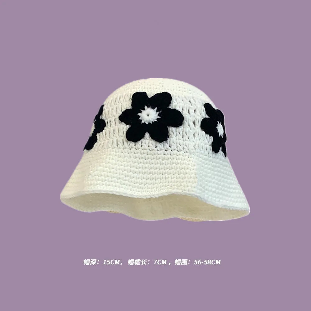 2023 Autumn New Crochet Korean Handmade Bucket Hat Women Weaving Knitted Hat  Fashion Flowers Autumn Winter Beanies Basin Cap