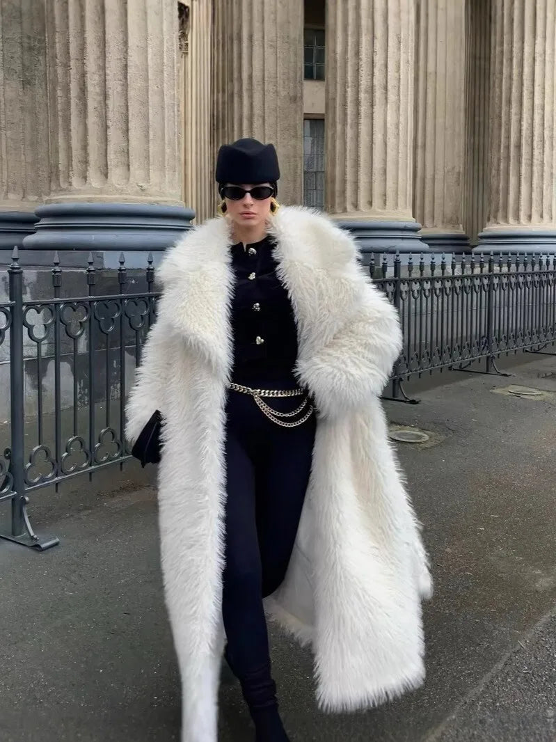 DEAT Fashion Gray Long Imitation Fur Coat Women's Lapel Loose Long Sleeves Plush Thick Overcoat Winter New 7A1438
