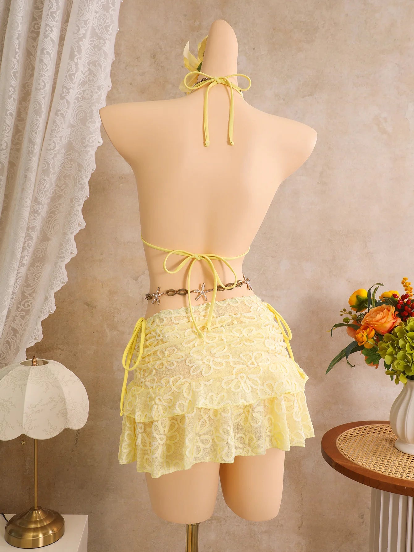 Sexy Yellow 3D Flower Bikini Set 2026 Women Flower Embroidery Push Up Bra Pleate Cover Up 3 Piece Swimsuit Bathing Suit Swimwear