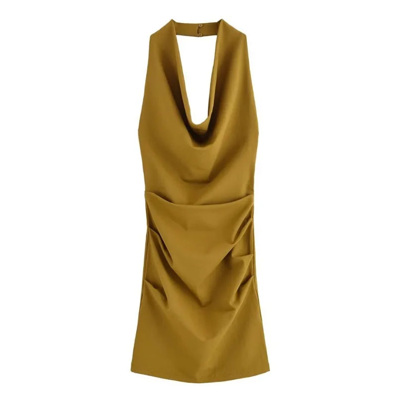 New Summer Elegant Mini Dress Fashion Hanging Collar Long Dresses Women Solid Sleeveless Short Party Dress Lady Evening Dress