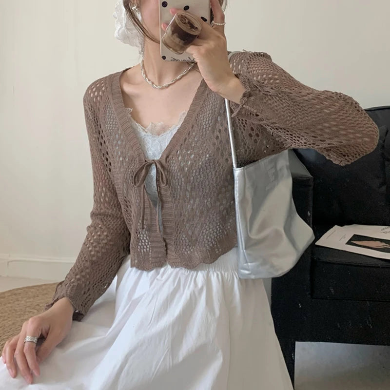 Sheer Pointelle Knit Crop Cardigan with Tie Front Openwork Long Sleeve Short Jacket Top Cover for Women Teen-girl Cute Outfit