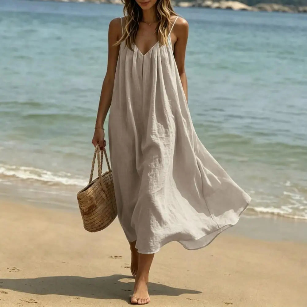Women's Spaghetti Strap Beach Sundress, Summer Sleeveless V Neck Cami Dress, Loose Flowy Vacation Long Dress Plain Maxi Sundress