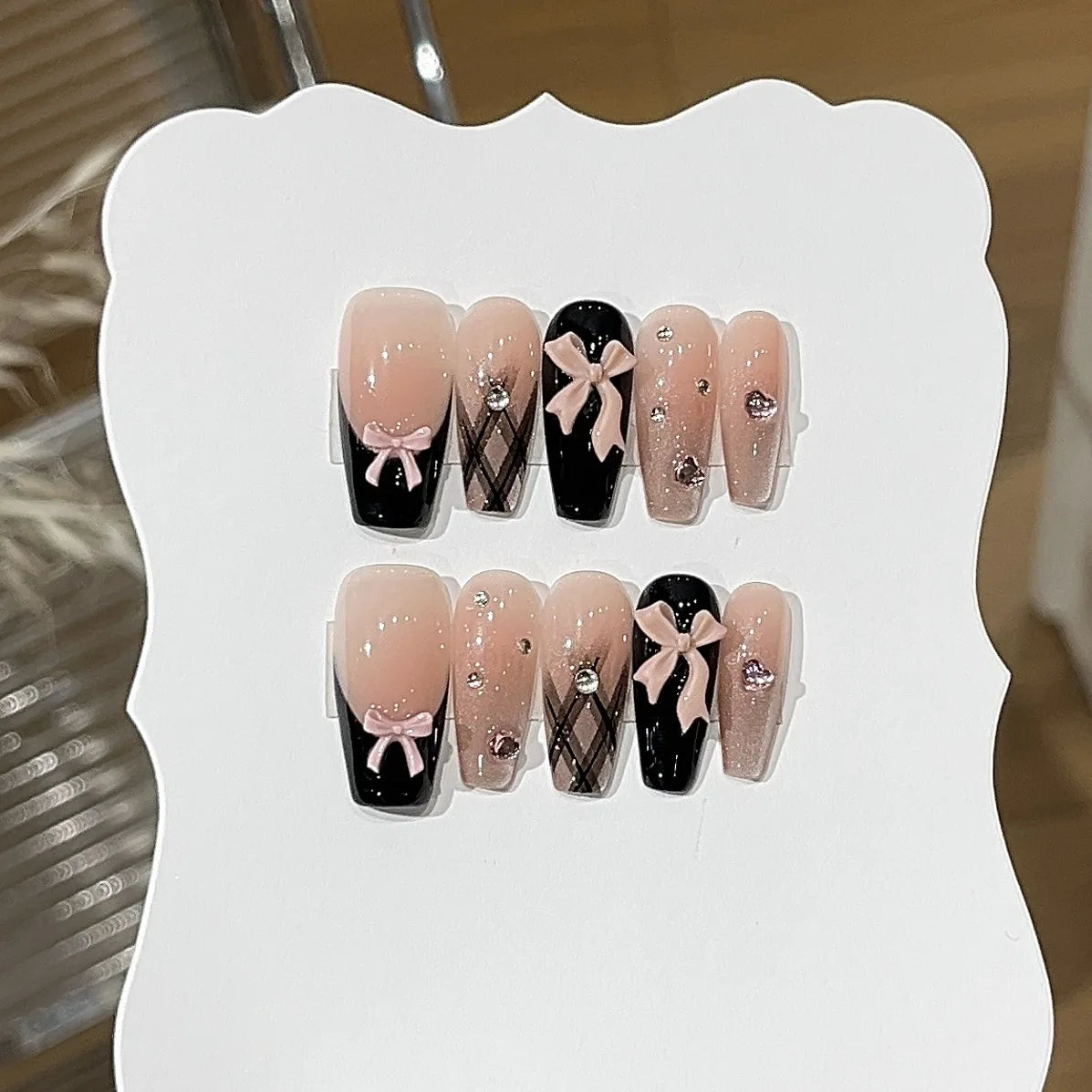 10Pcs Sweet Mid-length Ballet False Nails Art Fashion Pink Cat Eye Lovely Bow Wearable Finished Nails Set Summer Acrylic Nails