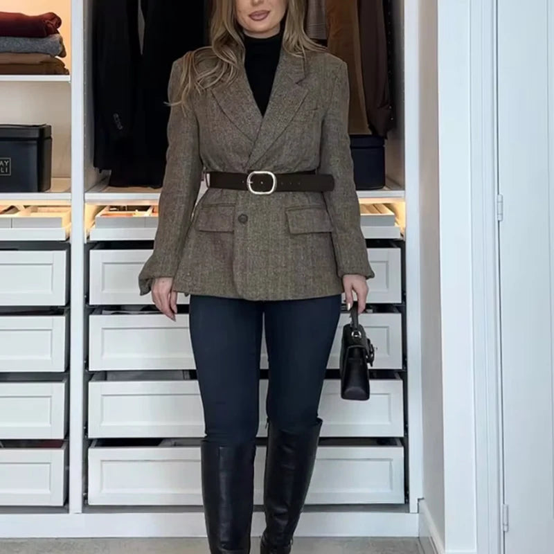 New Women's Jackets Blazers Spring 2026 New Fashion Khaki Slim V-neck Office Blazers Chic Elegant Young Women's Warm Coats