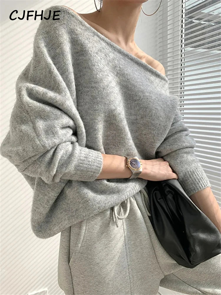 CJFHJE Vintage Korean Fashion Slash Neck Sexy Sweaters Female Irregular Knitted Pullovers Women Autumn Winter Gray Sweaters Tops