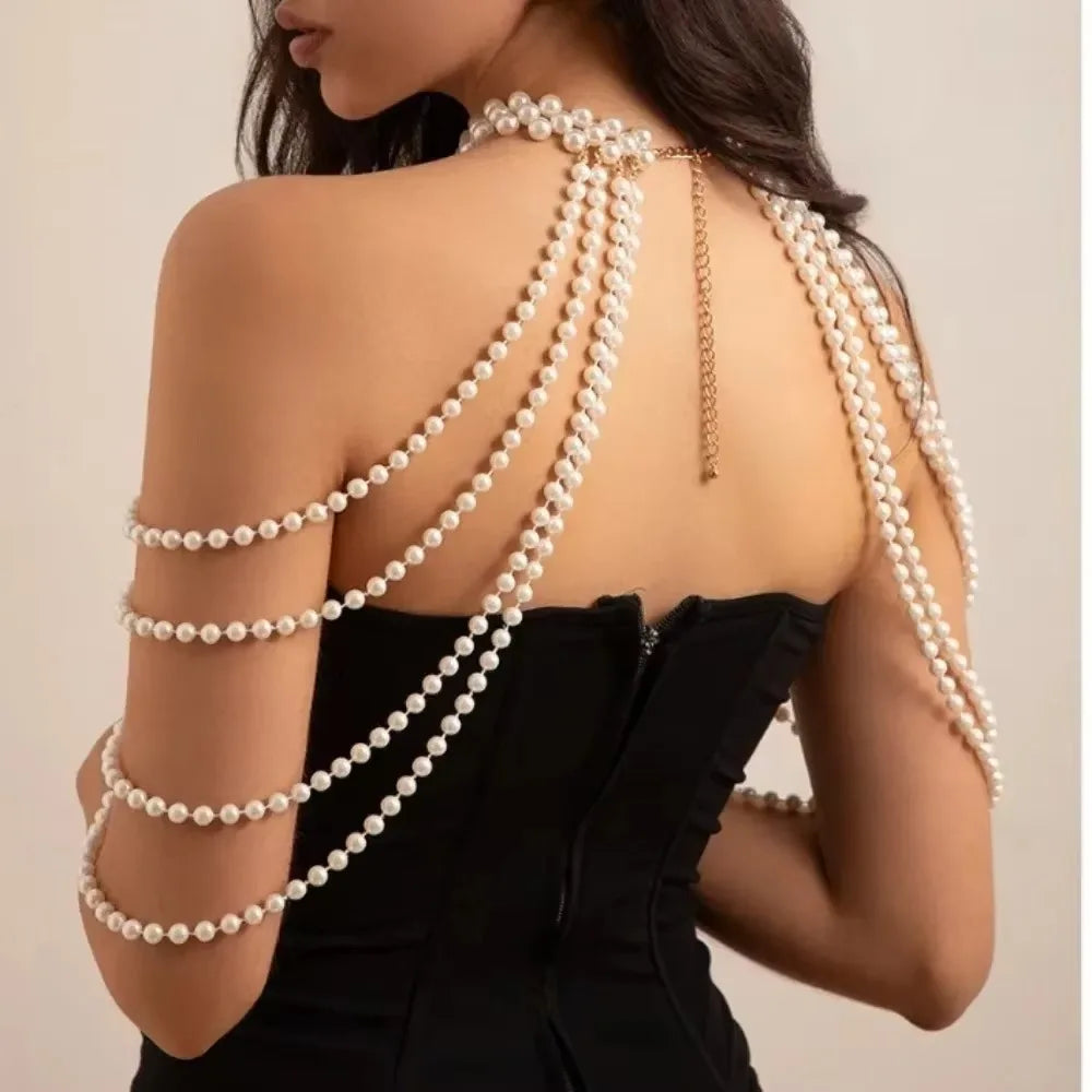 New Imitation Pearl Body Chain Beaded Collar Shoulder Big Necklaces Shawl Bridal Jewelry Sweater Long Chain Women Sexy Jewelry