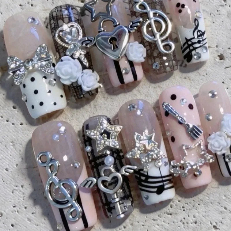 10PCS Musical Notes Retro Vintage Nail Art Y2K Gyaru French Handmade Press on Nails 3D Rose Lock Bow Pink Fake Nails Cute