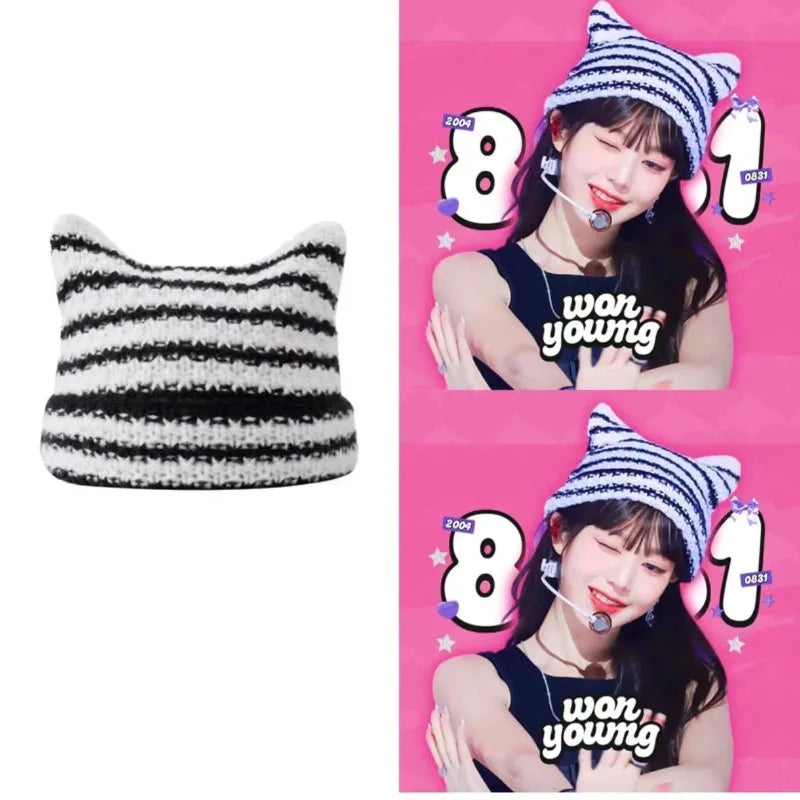 Y2K Cat Ears Striped Knitted Beanie | Inspired by Wonyoung
