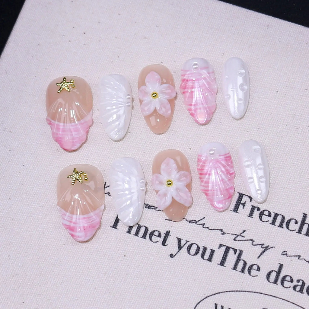 Flower Almond Shaped Handmade Press on Nails