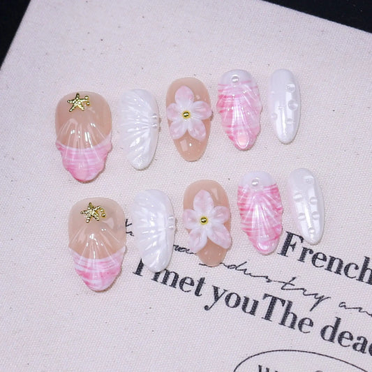 10Pcs 3D Flower Almond Handmade Press on Nails Fake Nails Wearable Stick-on Nails False Nail Uñas Postizas Накладные Ногти 네일팁