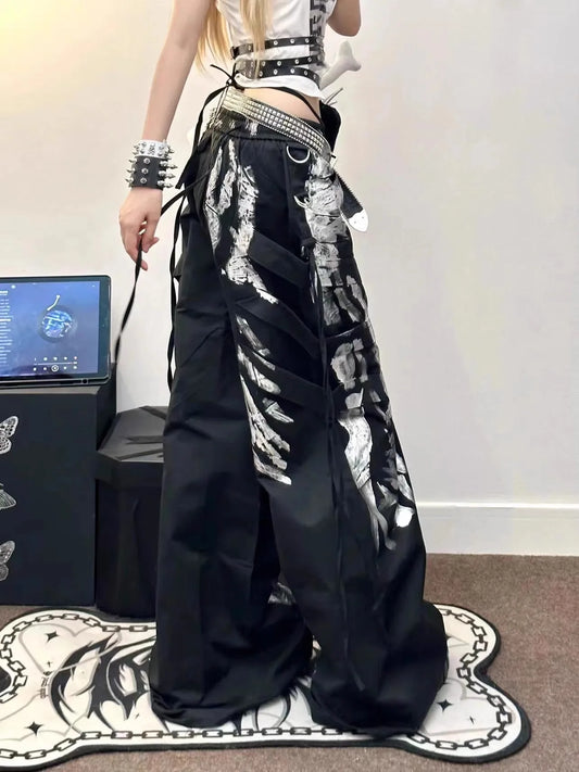 Y2K Grunge Silver Painted Cargo Pants Women's Gothic Drawstring Wide Leg Baggy Streetwear Trousers Female Punk Harajuku Bottoms