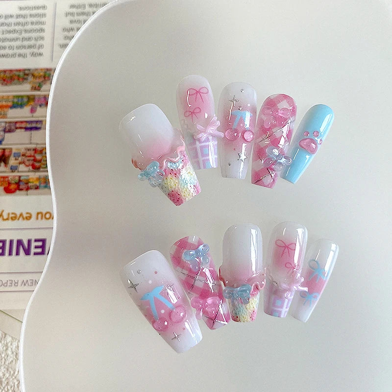 10pcs Pure Handmade Coffin Shaped Nail Art, Beautiful Fake Nails, Playful Pink White Blue Nail Art, Suitable for Women to Use