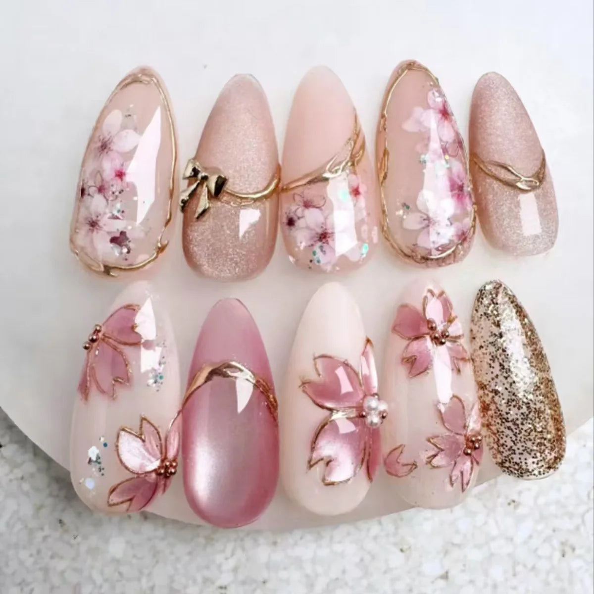 24pcs/30pcs/set Medium long 3D fake nails flowers golden foil bow rhinestones pink white leopard nail tips press on false nails