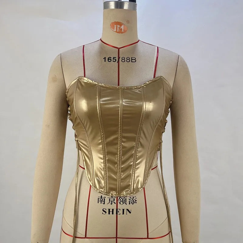 Lingerie Sexy Corset For Woman Underbust Black Bustier Lace Up Side Metallic Gold Crop Top Boned Fitted Pu Leather Waist Cincher