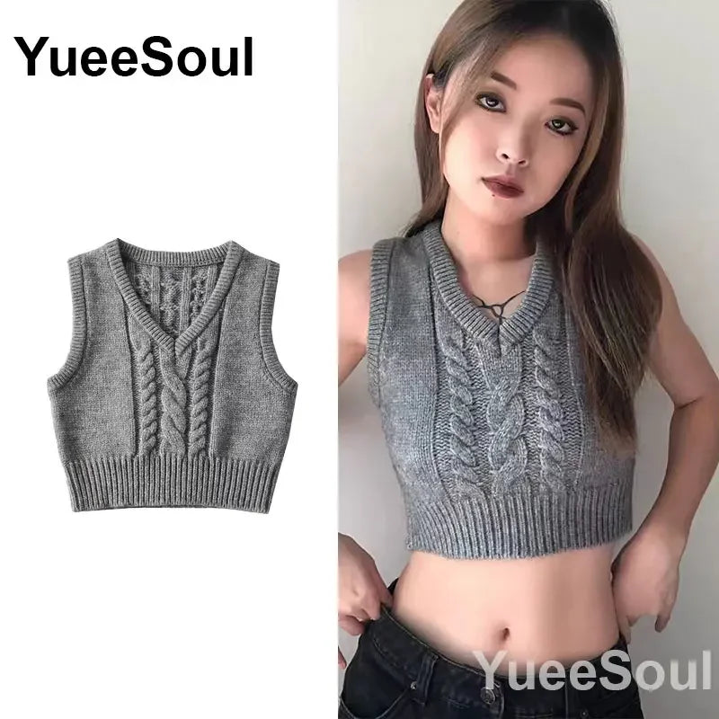 Vintage Knitted Women Sweater Vest American Y2K Aesthetic Sweet Cute 90s Slim Crop Waistcoat 2023 New Plaid Sleeveless Knitwears