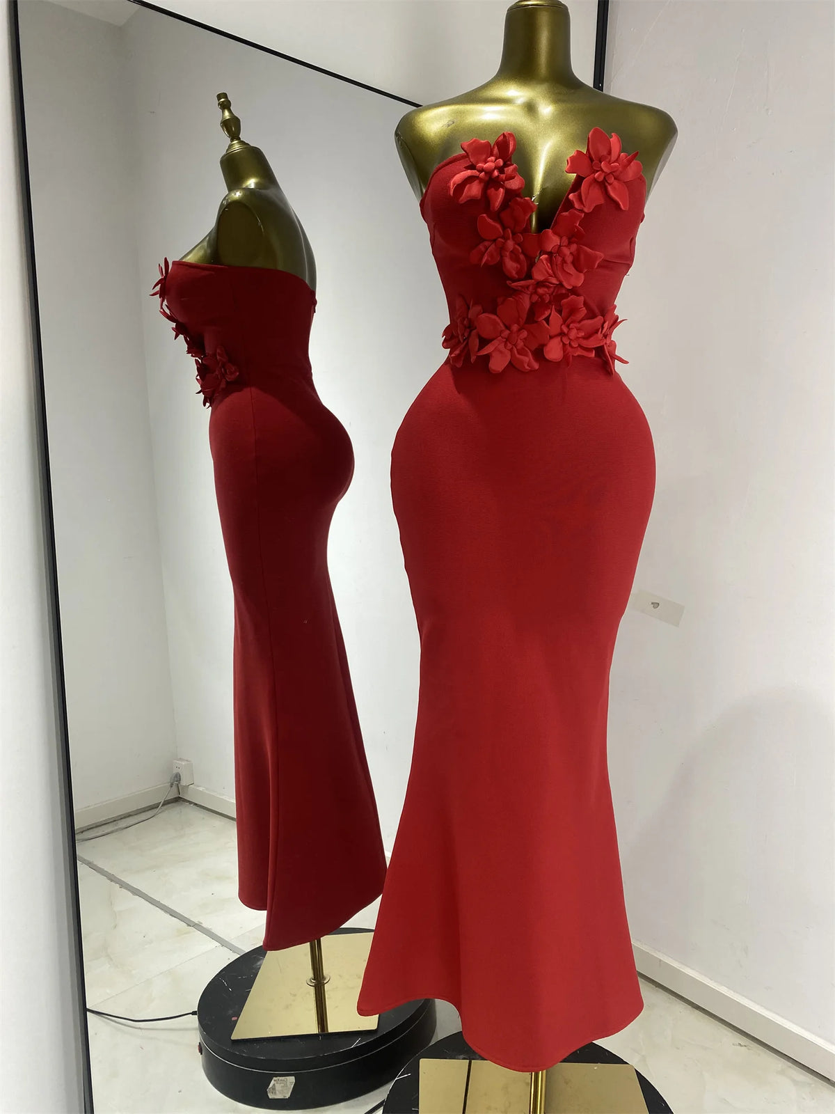 Strapless Deep V-Neck Floral Bodycon Long Mermaid Bandage Gala Dress | Inspired by Beren Saat