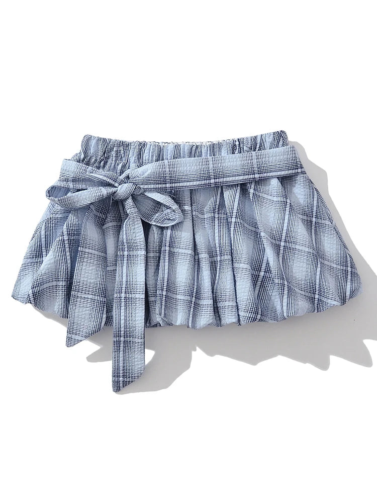Chu Sau beauty Women New Fashion Sweet Plaid Chic Sashes Mini Skirt Sexy Elastic Low Waist Super Short Skirts A Line Skorts