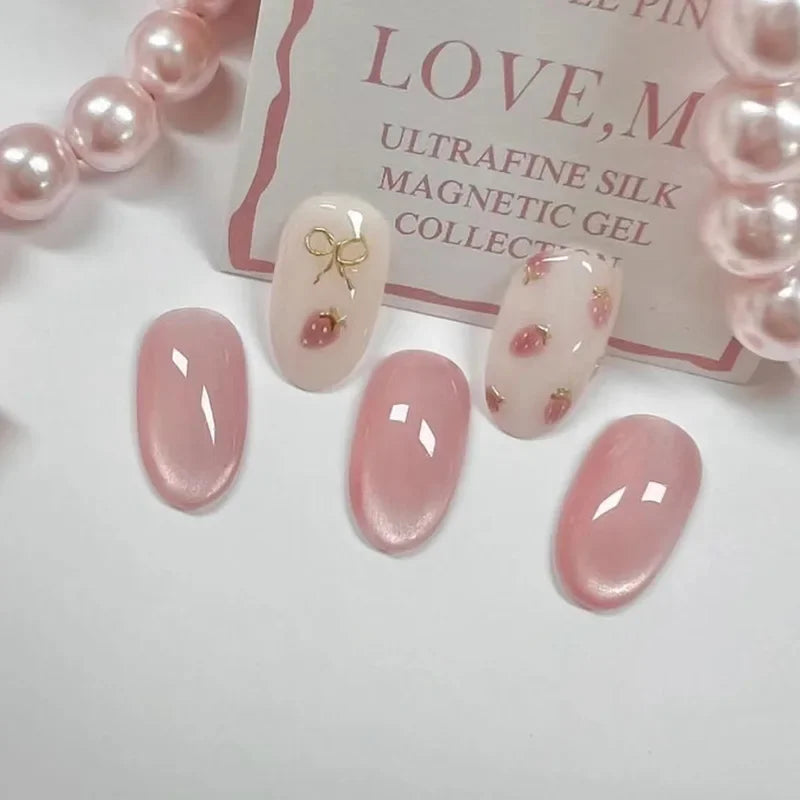 24Pcs Almond Press-On Nails in Pink Cat Eye with Heart & Strawberry Designs – Glossy Acrylic Stick-On Nails for Women & Girls