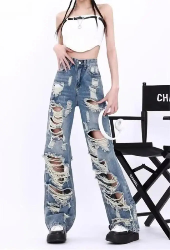 Ripped Jeans Women Summer 2024 Spring and Autumn New High Waist Slimming Straight Drape Small Wide Leg Pants Ins Fashion