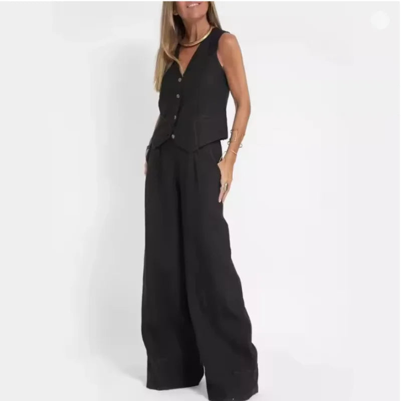 Womens Cotton Linen 2 Piece Sets  Sleeveless Suit Button V-Neck Vest and Wide Leg Pants Casual Blazer Matching Outfit
